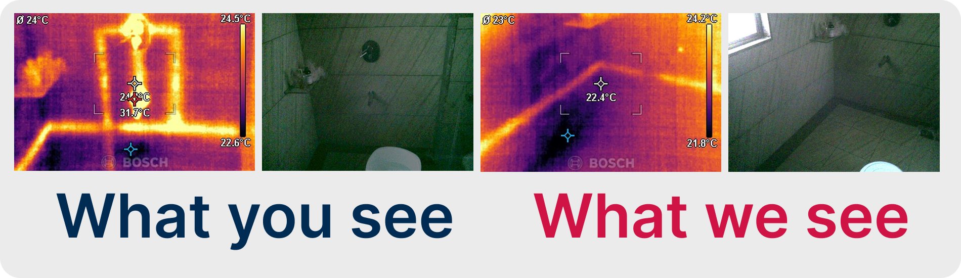 Visual vs Thermal imaging comparison showing hidden moisture and seepage behind walls